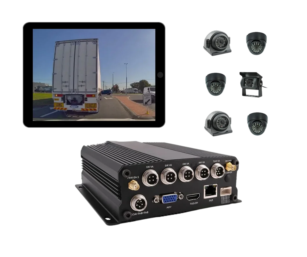 Geosecure's 6-camera system for heavy trucks, featuring a tablet showing a live feed, six cameras for full visibility, and a DVR unit.
